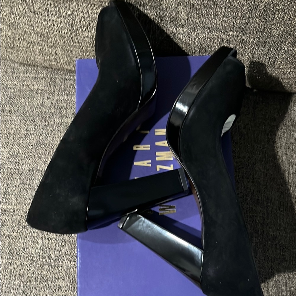 New with Box Stuart Weitzman black suede  'Tofu' peep toe pumps - Picture 8 of 14
